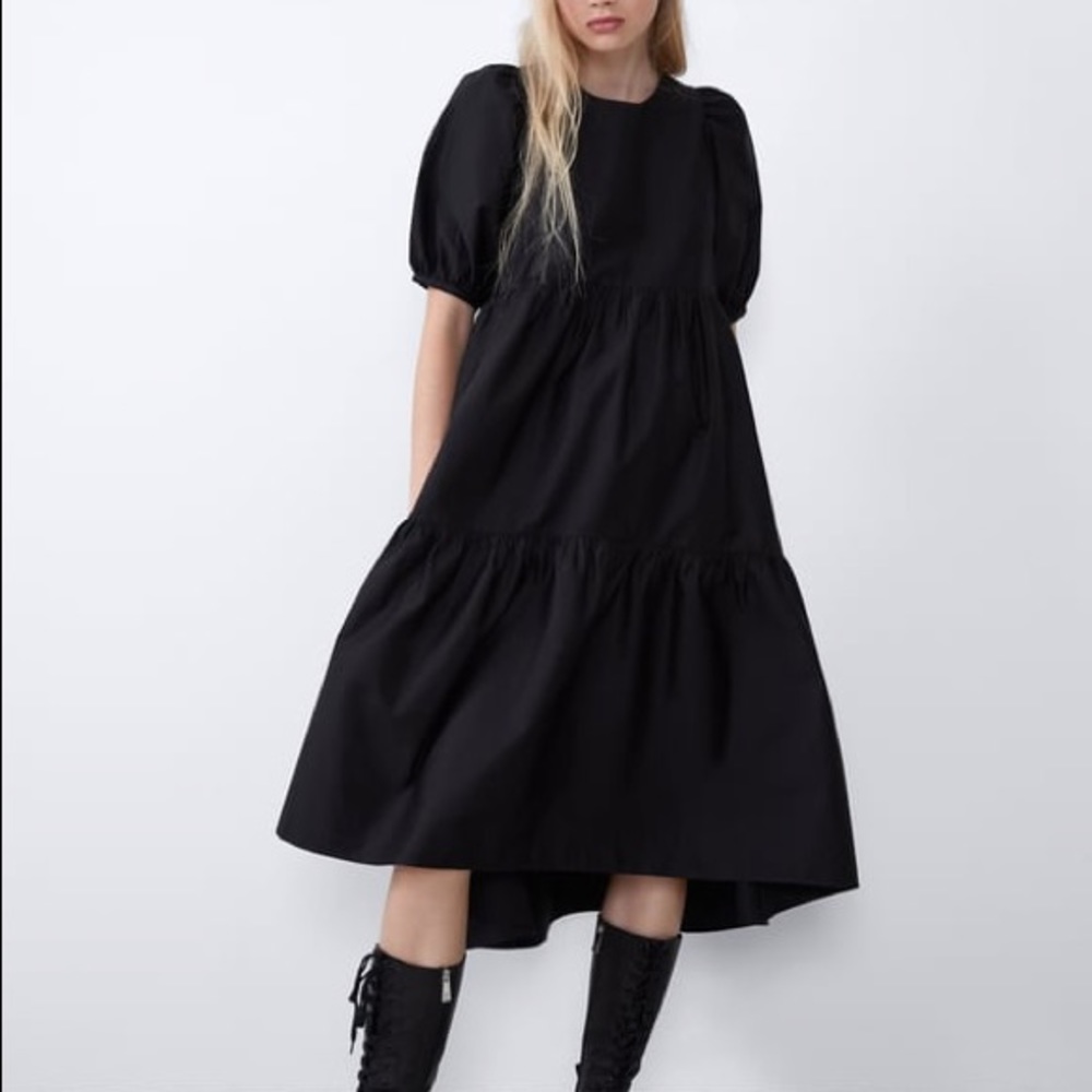 Zara Asymmetrical Poplin Dress - Black